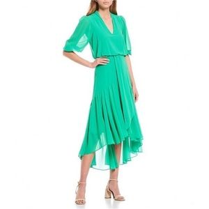Crepe Chiffon High-Low Ruffle Hem Midi Dress Kelly green sz 12 NWT